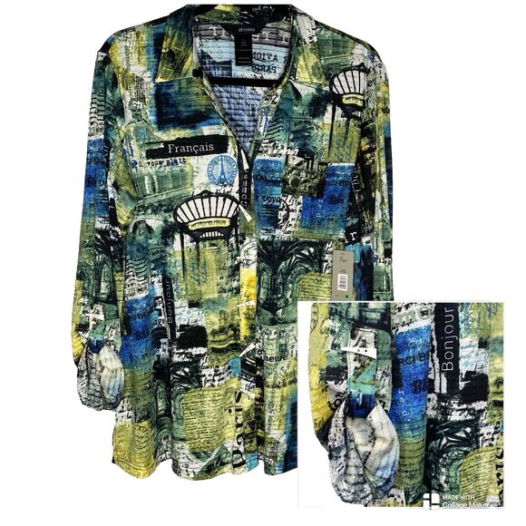 NWT ALI MILES Tunic Blouse Button Paris Roll Tab Long Sleeve Womens L Green Blue - Picture 13 of 13